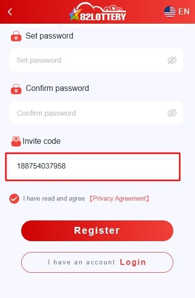 click the register buttoenter the 82 Lottery invitation code
